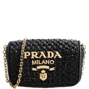 1BF135 Crochet Raffia Effect Chain Shoulder Bag Black/Beige