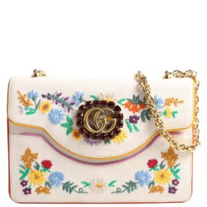 499617 Linen Ricami Floral Embellished Shoulder Bag
